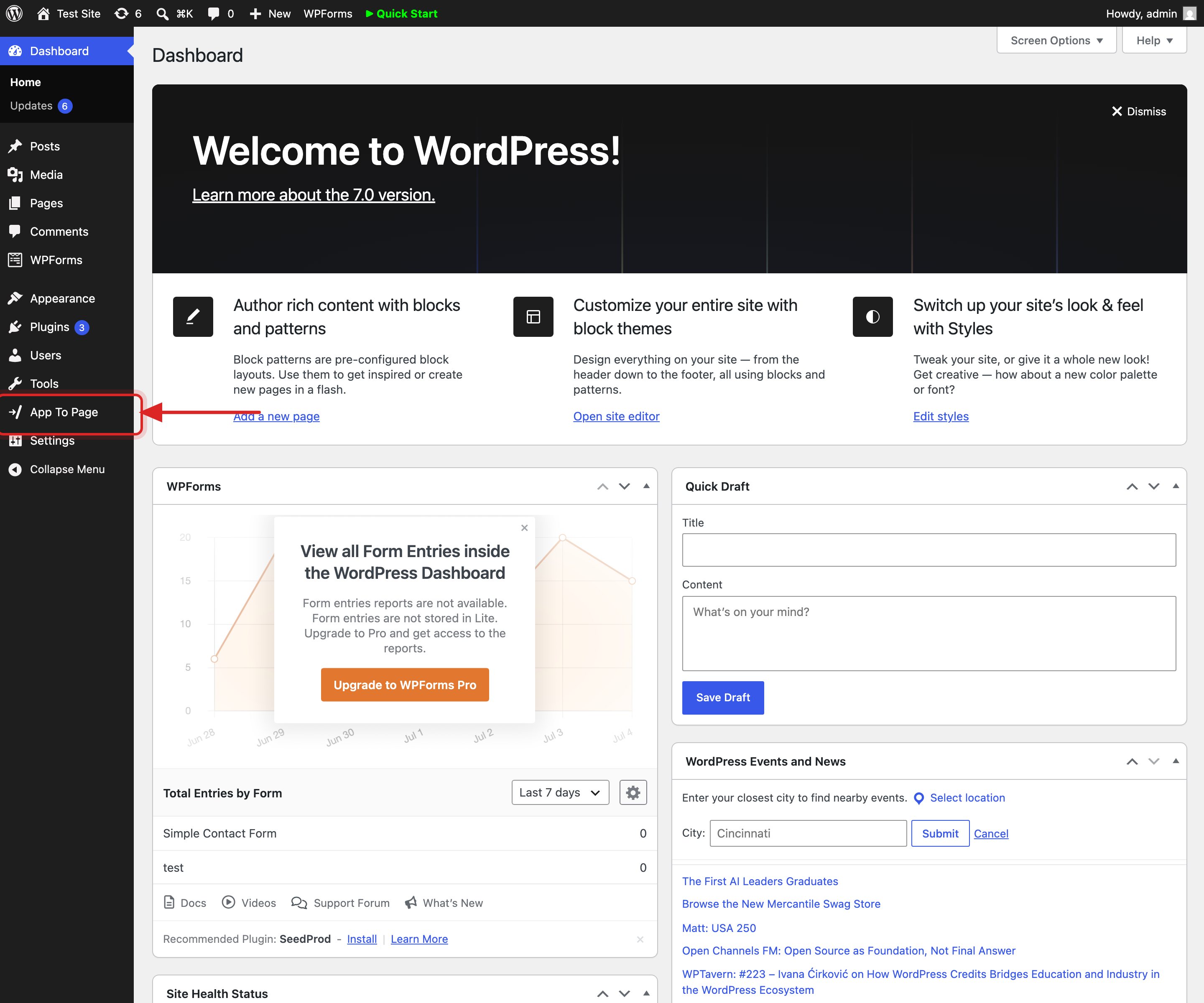 After activating, a new App To Page item (highlighted) appears in the WordPress admin sidebar.