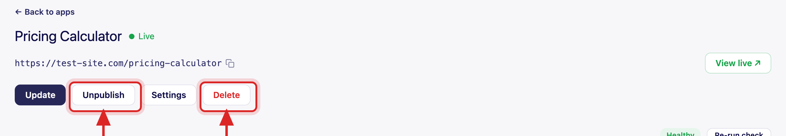 An app's Manage page with the Unpublish and Delete buttons highlighted.