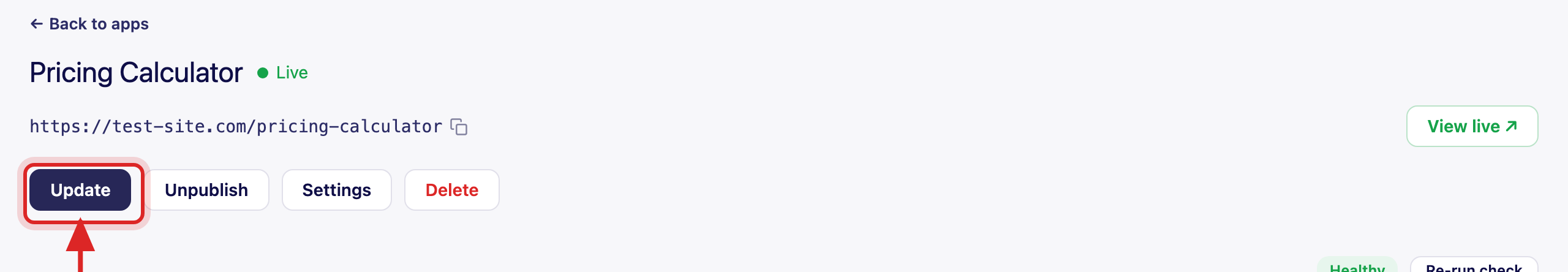 An app's Manage page with the Update button highlighted, alongside Unpublish, Settings, and Delete.